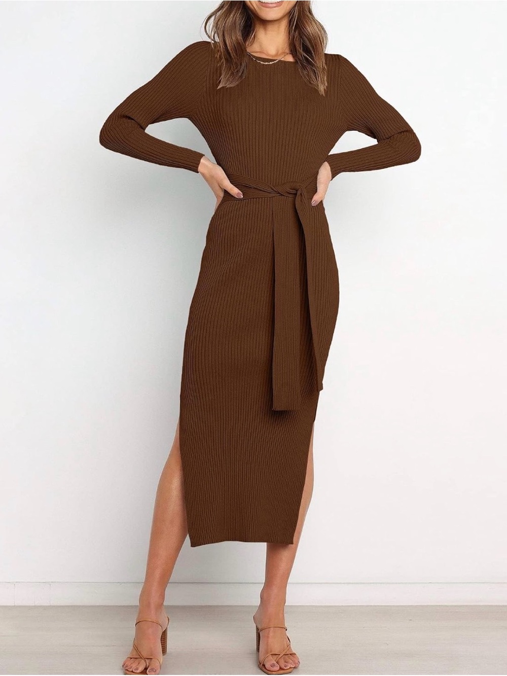 Long Sleeve Ribbed Tie-Waist Midi Dress in Rust Brown